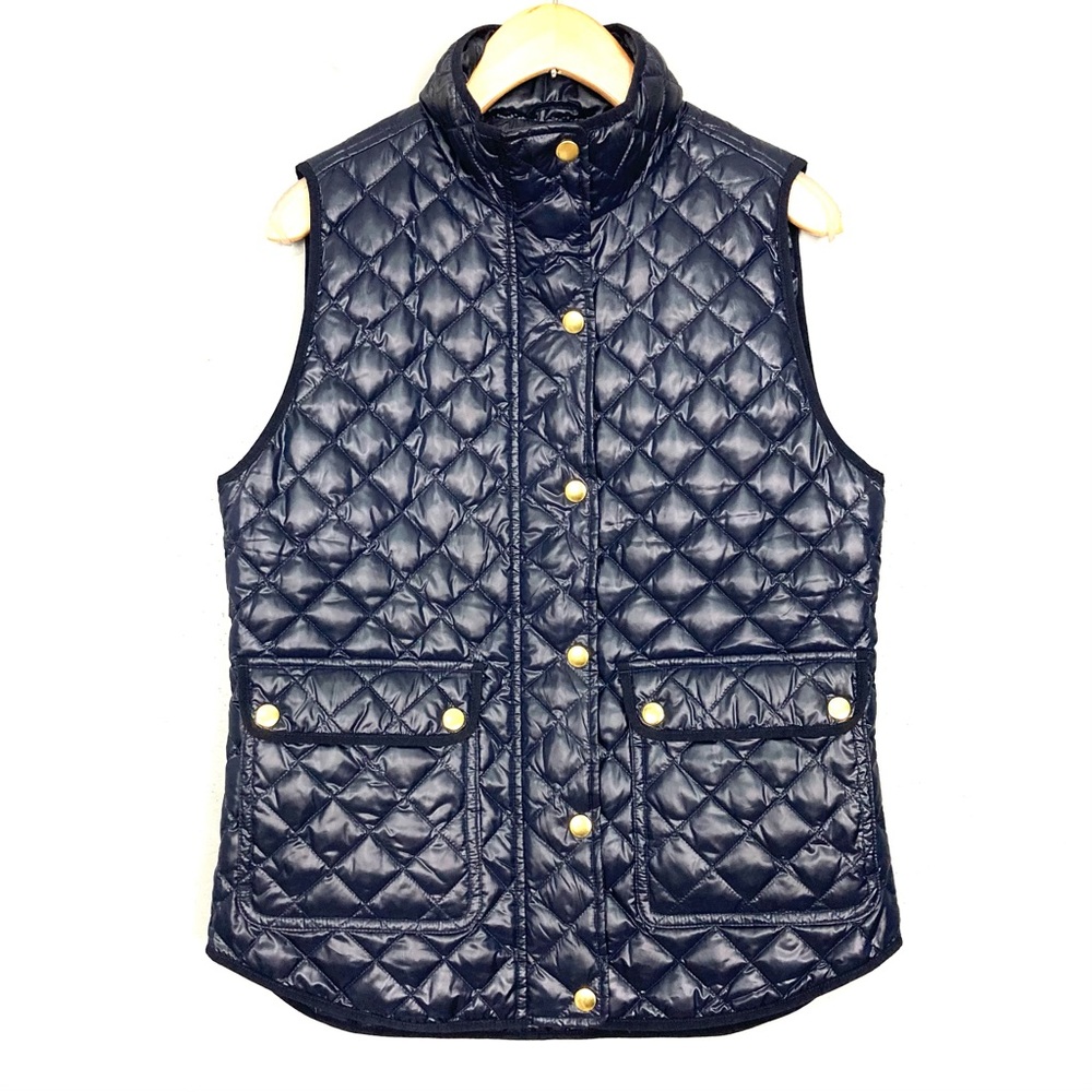 J. Crew Quilted Down Puffer Vest Women’s Size XS Full Zip Gold Buttons Pockets